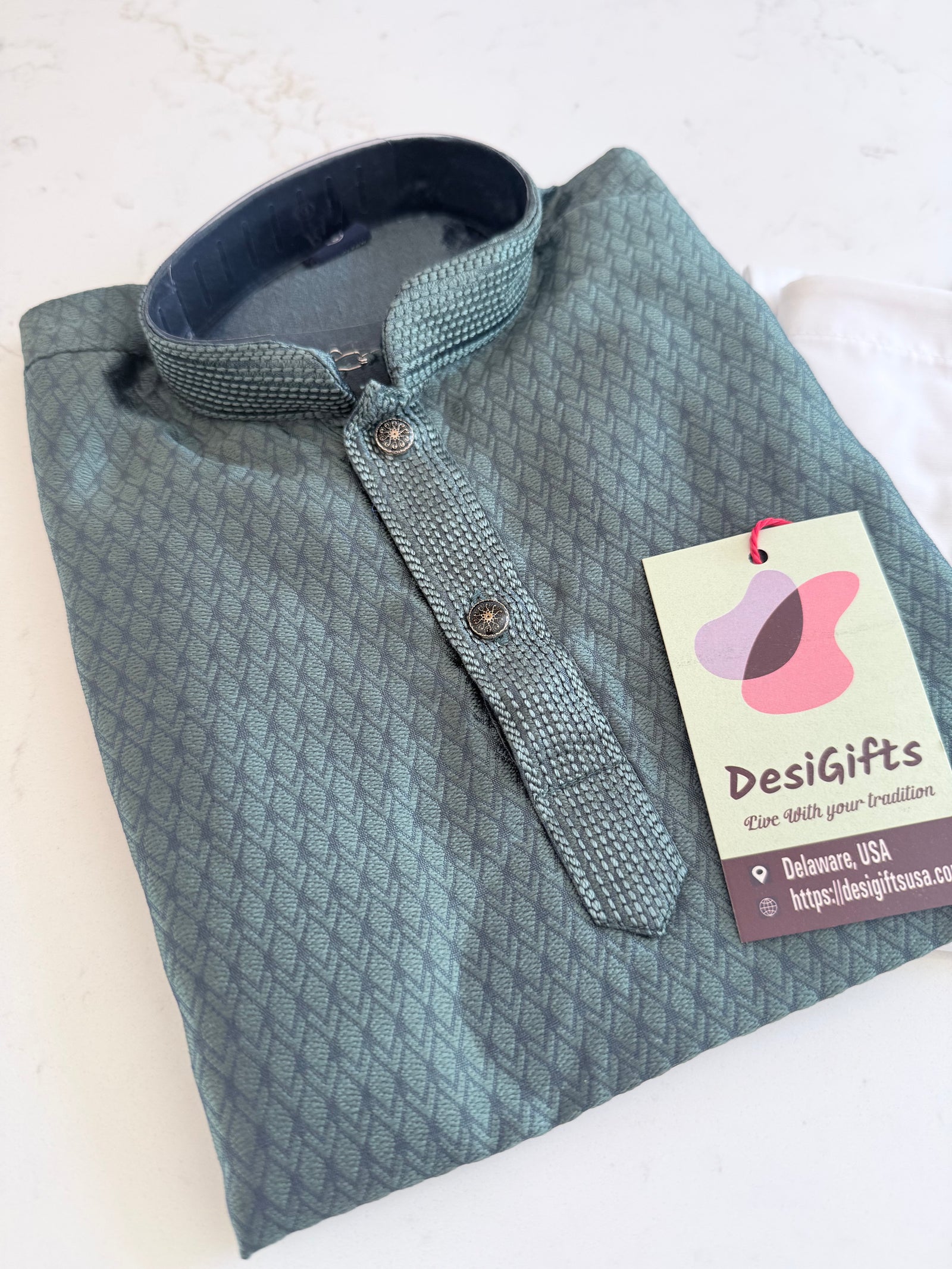 Teal Green Shade Boy's Cotton Silk  Self Design Kurta Pajama - Design BOY-2002