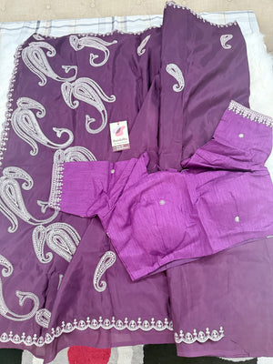 Ready-to-Wear Embroidered Saree with Stitched Blouse, Fall & Pico Done, Indian Wedding & Festive Sari, 4 Colors, S- 3080