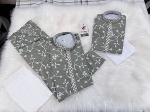 Boys & Men Matching Sage Green Kurta Pajama Set with White Floral Embroidery, Father Son Indian Ethnic Wear, DM- 3011