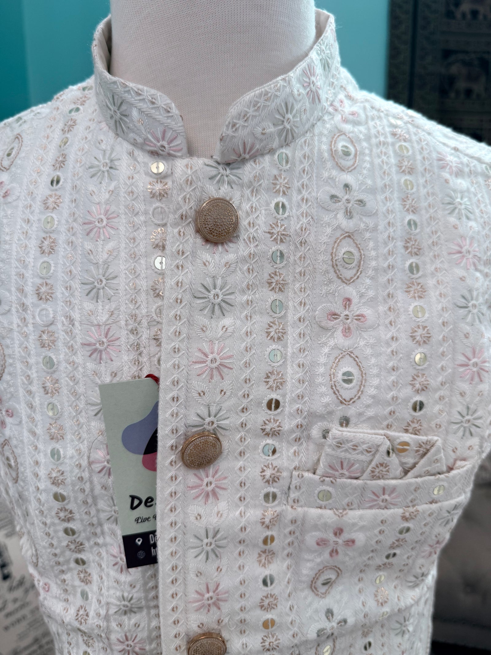 Festive White Ethnic Jacket for Men – Pastel Thread Embroidery with Sequins – Heavy Thread Work Wedding Waistcoat | J-3032
