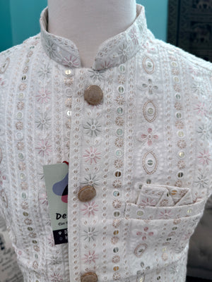 Festive White Ethnic Jacket for Men – Pastel Thread Embroidery with Sequins – Heavy Thread Work Wedding Waistcoat | J-3032