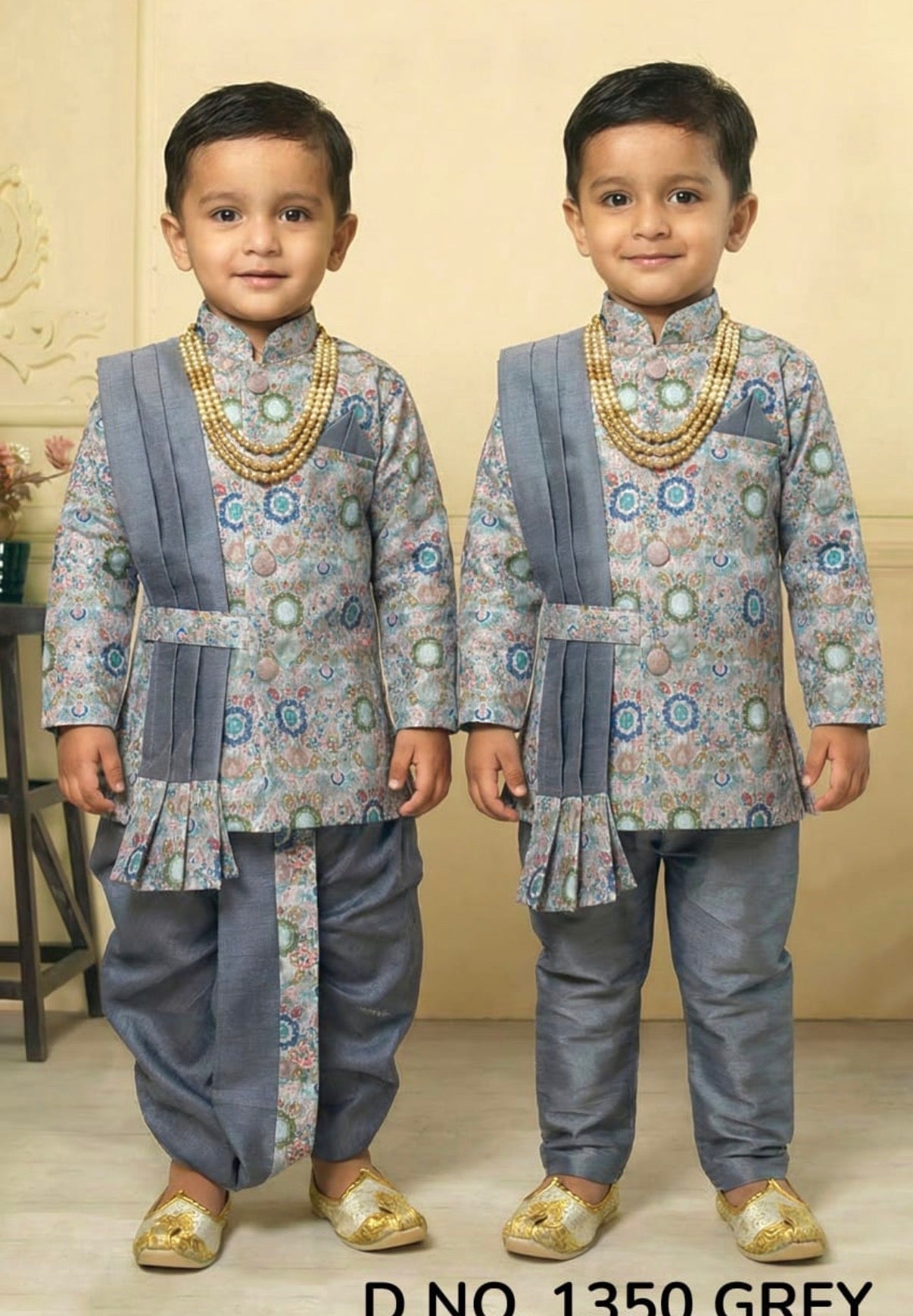 Boys 3 Piece Gray Silk Blend Indian Dress Set with Jacket, Dhoti & Pajama – Ethnic Wedding and Festive Outfit B-2019