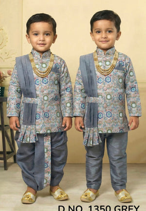 Boys 3 Piece Gray Silk Blend Indian Dress Set with Jacket, Dhoti & Pajama – Ethnic Wedding and Festive Outfit B-2019