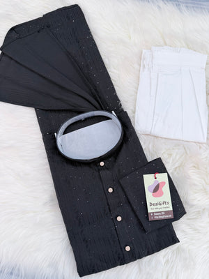 Men’s Black Sequins Embroidered Kurta Pajama Set – Indian Wedding & Partywear Traditional 2PC Outfit, Size 58 , 5XL, KP-2023