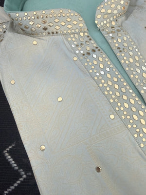 Men’s Ice Blue Shorter Kurta with Parallel Pants | Gold Embellished Jacquard Kurta Pajama Set | Indo-Western Wedding & Festive Kurta Set, KP - 4044