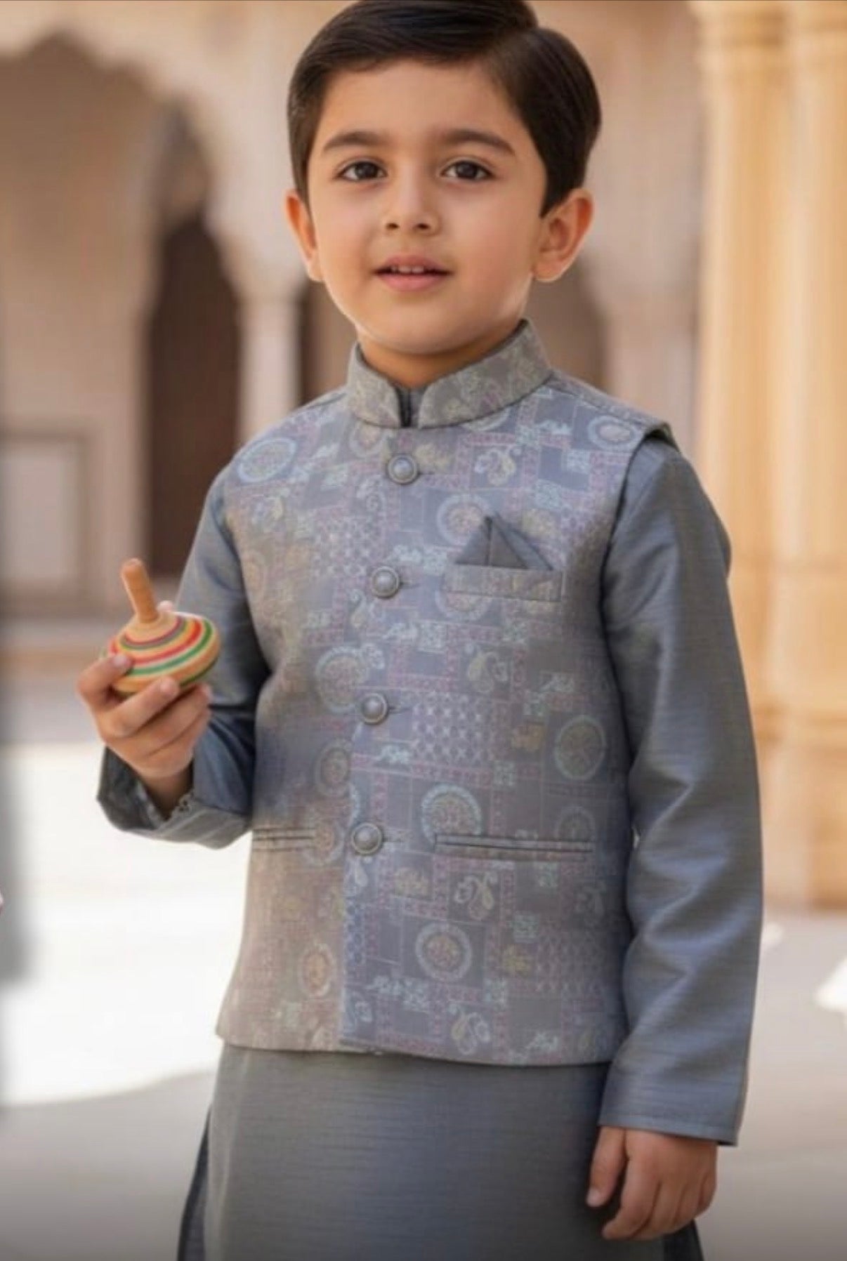 Gray Shade 3 Piece Boy's Cotton  Silk Ethnic Kurta with Jacket, and Pajama- Design B-2011