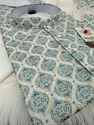 Teal Shade 2-Piece Kurta Pajama Set – Father & Son Outfit | Premium Cotton Jacquard with Zari & Sequin Detailing, DM-2044