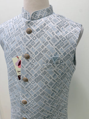 Men’s Pastel/Ice BluePink Nehru Jacket – Self Woven Silk Indian Sadri, Festive Wedding Waistcoat, Ethnic Modi Jacket for Men, J-3089