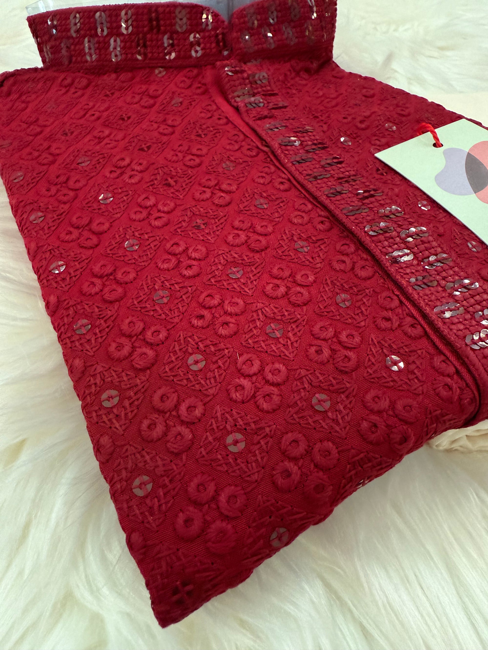 Pre-Teen and Teen Boy's Chikankari Embroidered Rayon Kurta Pajama with Sequins , Maroon Shade, - BOY-1910