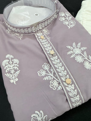 Men's Dusty Lavender Embroidered Kurta Pajama Set – Traditional Indian Ethnic Wear for Weddings & Festivals, KPS-3009