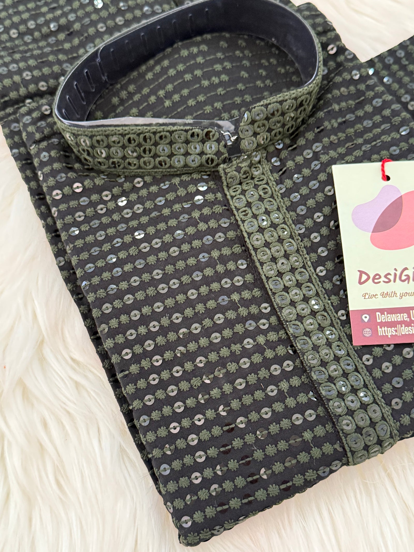 Pre-Teen and Teen Boy's Chikankari Embroidered Rayon Kurta Pajama with Sequins , Henna Green Shade, - BOY-1915