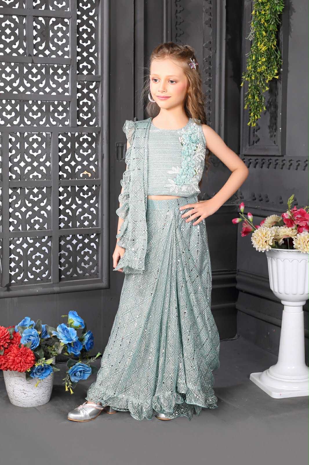 Readymade Saree  in Pastel Teal Green Shade for Girls with sequins Blouse, Indian Ethnic Outfit, GRL -1900