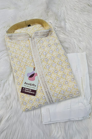 Pastel Yellow Men's kurta pajama set with embroidery and sequins. Two-piece Indian traditional outfit for special occasions., KP - 1938