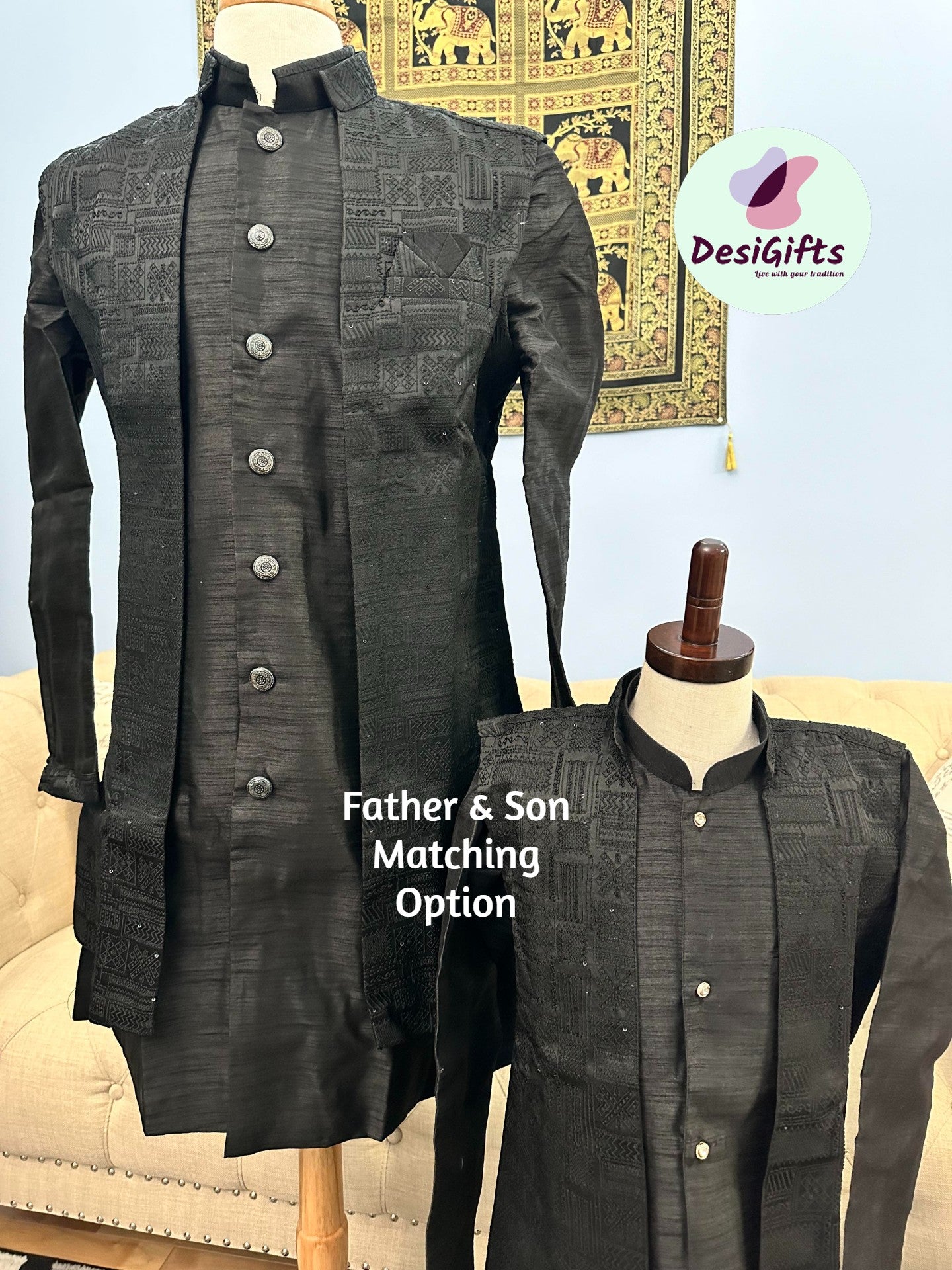 3 Piece Charcoal Black Kurta Pajama with Long Jacket Set, Cotton Silk, Father & Son's Outfit, DM - 1142