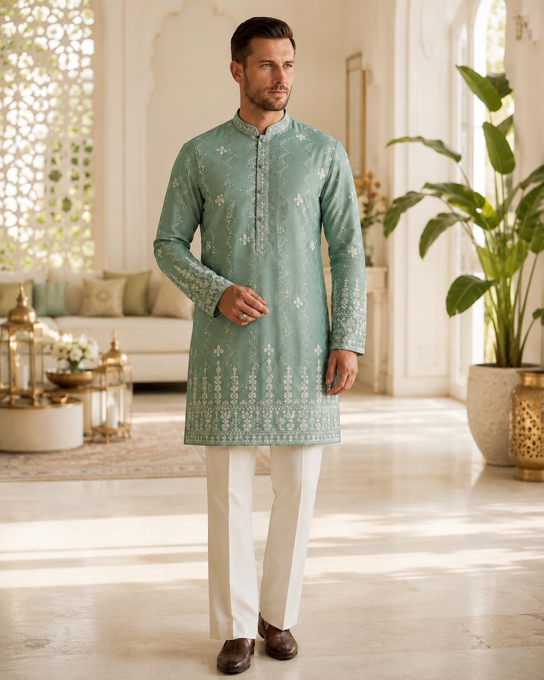 Men’s Sage Green Embroidered Kurta Pajama Set – Shorter Kurta with Ivory slight bootcut-style Pants, Indian Wedding & Festive Ethnic Wear, KP - 4004