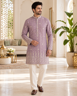 Men’s Dusty Mauve Embroidered Kurta Pajama Set – Shorter Kurta with Ivory slight bootcut-style Pants, Indian Wedding & Festive Ethnic Wear, KP - 4004