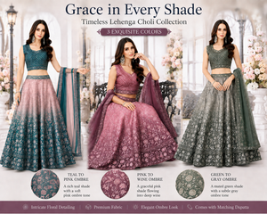 Women’s Ombre Lehenga Choli Set with Dupatta – Floral Embroidered Indian Wedding & Festive Outfit, Teal Pink, Wine Pink and Green Gray, LHG - 4006