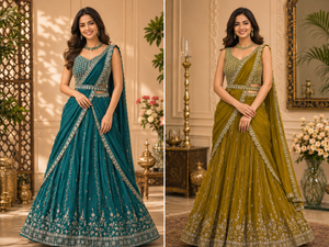 Embroidered Lehenga Saree Style Set with Blouse & Dupatta – Teal Blue / Olive Green Wedding & Festive Indian Ethnic Wear, Design LHG - 4007
