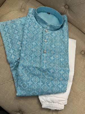 Boy's Cotton Silk  Sky Blue Kurta Pajama Set, Design B-1179