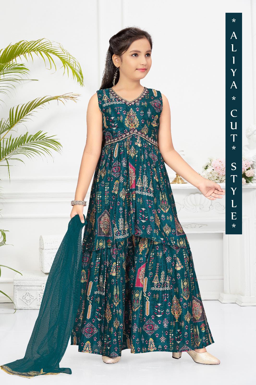 DesiGifts Delightful Blended Silk Sharara Suit Dress for Girl Indian Ethnic Outfit GRL 1253 Size 24 Teal