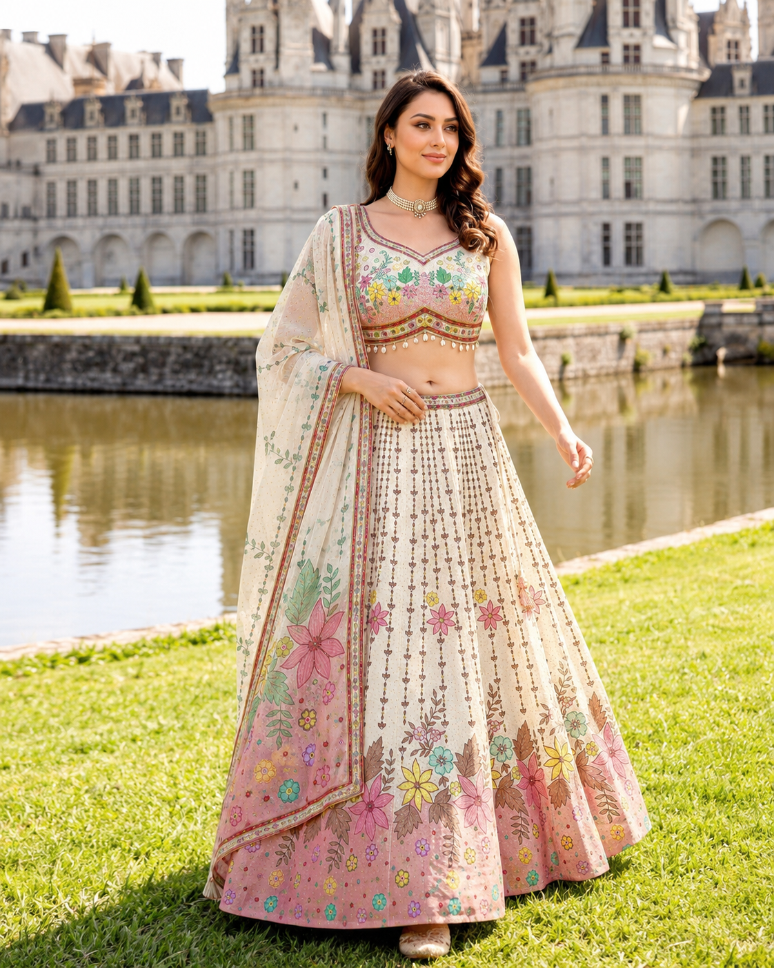 Women’s Ivory & Blush Pink Floral Print Lehenga Choli with Dupatta – Sequin Embellished Indian Wedding Festive Outfit, LHG-4014