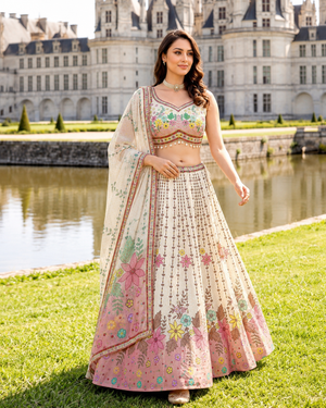 Women’s Ivory & Blush Pink Floral Print Lehenga Choli with Dupatta – Sequin Embellished Indian Wedding Festive Outfit, LHG-4014