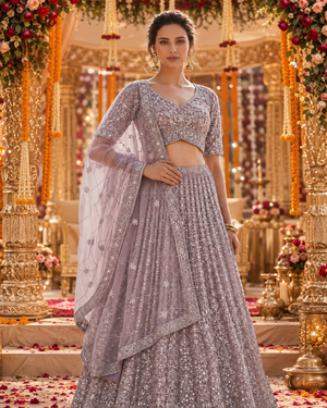 Pastel Purple Lehenga Choli for Women, Lavender Embroidered Indian Wedding Outfit, Sequin Mirror Work Lehenga with Dupatta, LHG-4016