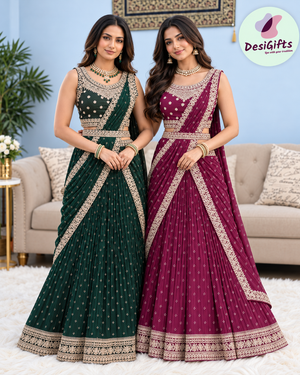 Embroidered Lehenga Saree Style Set with Blouse & Dupatta – Teal Blue / Olive Green Wedding & Festive Indian Ethnic Wear, Design LHG - 4020