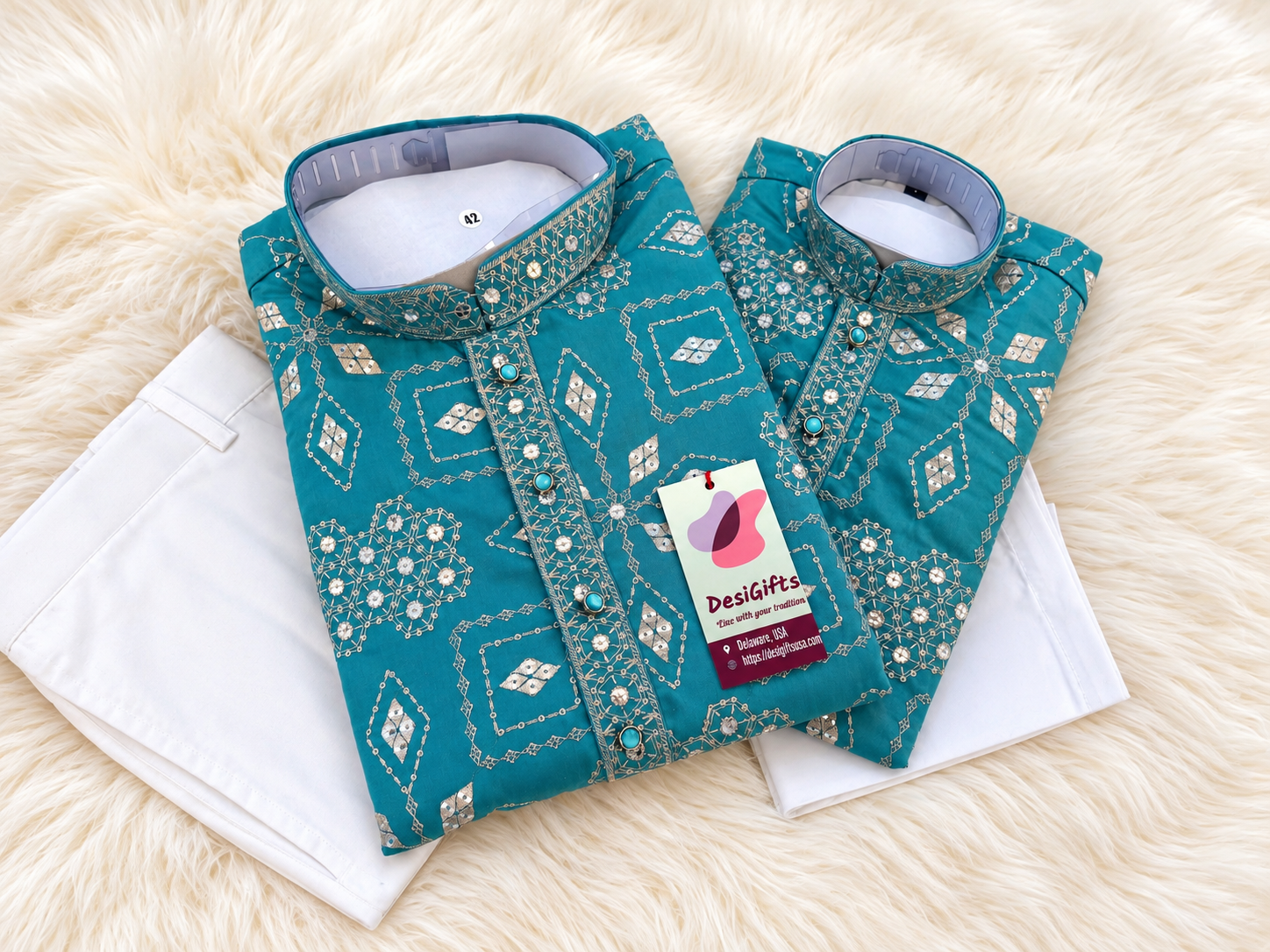 Father & Son Matching Turquoise Blue Kurta Pajama Set | Silver Zari-Style Embroidery, Sequin Work | Festive Wear, DM -4025