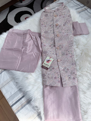 Men’s Dusty Rose Pink Shade 3-Piece Kurta Pajama with Heavy Embroidered Jacket, Wedding & Festive Ethnic Wear, KPJ-3077