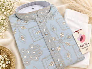 Men’s Ice Blue Embroidered Kurta Pajama Set | Silver Zari-Style, Sequin Work | Indian Wedding Wear, KP-4026