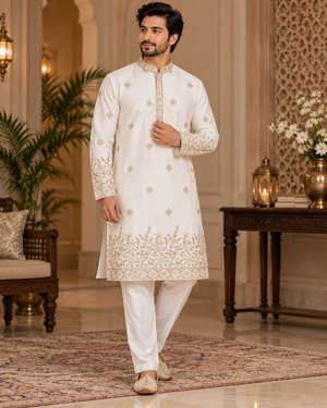 Men’s Ivory Embroidered Kurta Trouser Set | Trendy Kurta Pajama Set with Gold Embroidery | Wedding & Festive Wear, KP - 4027