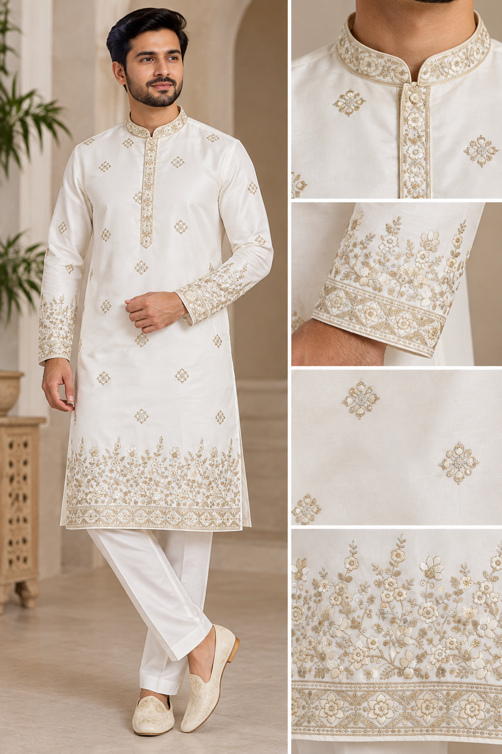 Men’s Ivory Embroidered Kurta Trouser Set | Trendy Kurta Pajama Set with Gold Embroidery | Wedding & Festive Wear, KP - 4027