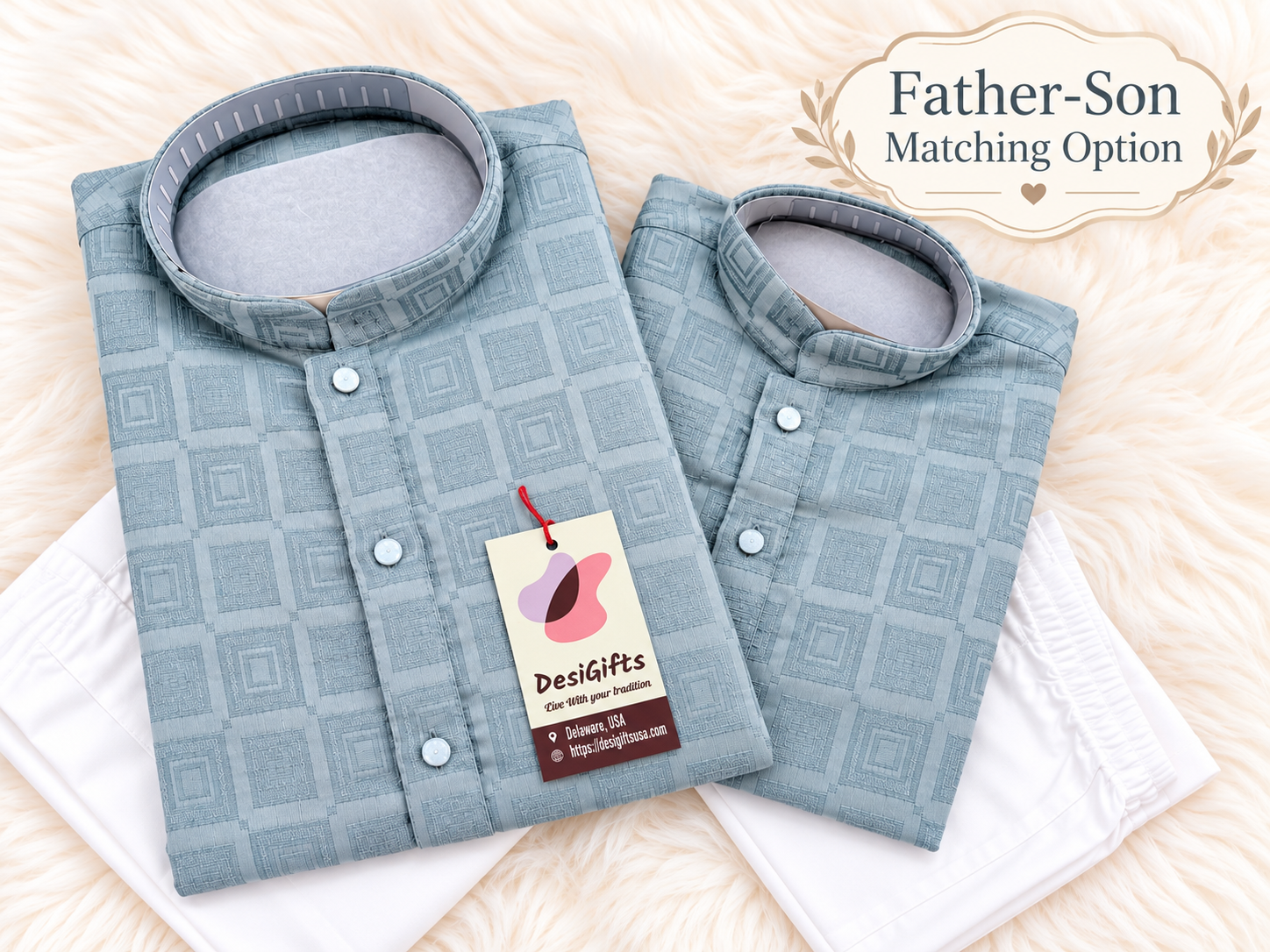 Father & Son Matching option in Dusty Ice Blue Kurta Pajama Set | Geometric Jacquard Kurta with Pants | Indian Wedding & Festive Wear, DM-4029