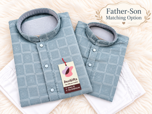 Father & Son Matching option in Dusty Ice Blue Kurta Pajama Set | Geometric Jacquard Kurta with Pants | Indian Wedding & Festive Wear, DM-4029