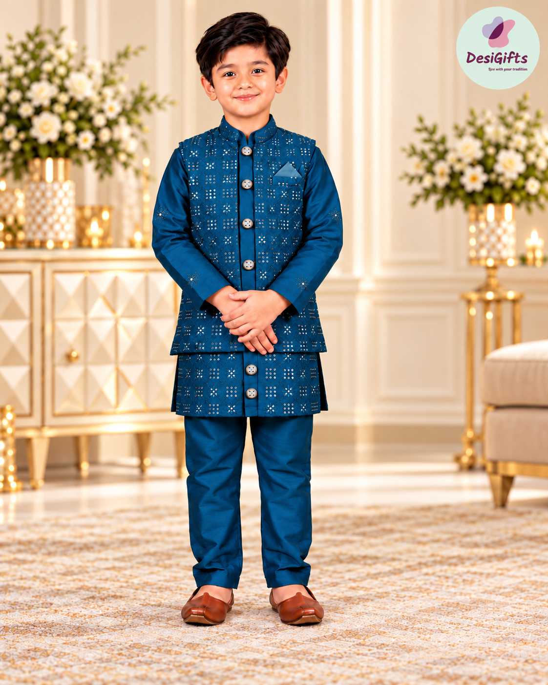 Boys Peacock Blue Sherwani Style Kurta Pajama with Embroidered Jacket | 3-Piece Indian Wedding & Festive Outfit- Design B-4032