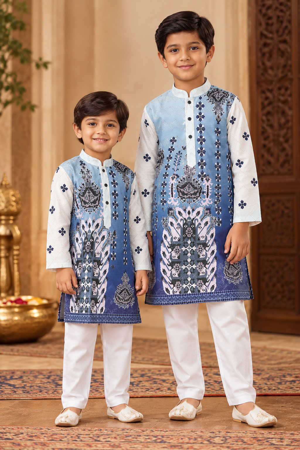 Boys Light Blue Printed Kurta with White Pajama | Ethnic Outfit | Eid, Wedding & Festive Wear – BOY-4033