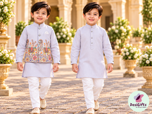 Boys Light Lavender Kurta Pajama with with Elephant Print Nehru Jacket | 3-Piece Indian Ethnic Outfit – Festive Ethnic Wear,- Design B-4034