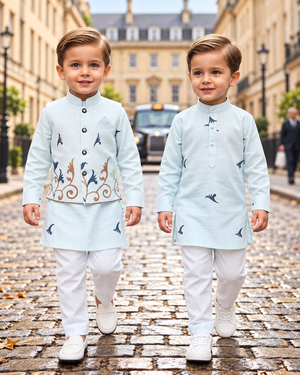 Boys Sky Blue Kurta Pajama with Embroidered Nehru Jacket | 3-Piece Indian Ethnic Outfit – Festive Ethnic Wear,- Design B-4035