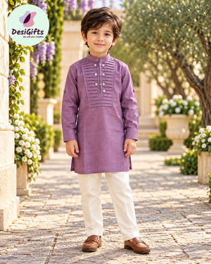 Boys Mauve Purple Kurta Pajama Set | Traditional Indian Ethnic Outfit | Ivory Pants | Wedding, Eid & Festive Wear, B-4036