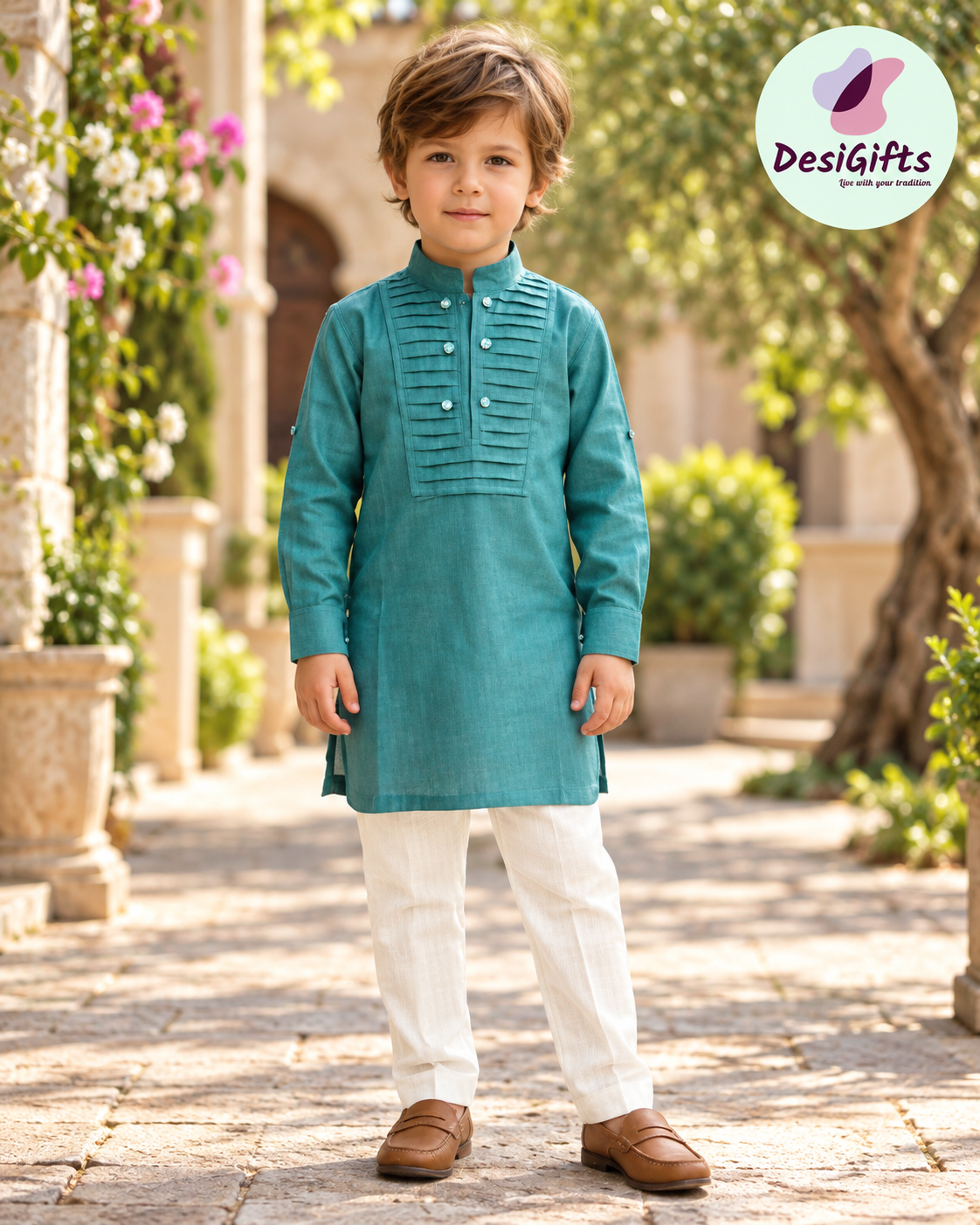 Boys Teal Green Kurta Pajama Set | Traditional Indian Ethnic Outfit | Ivory Pants | Wedding, Eid & Festive Wear, B-4037