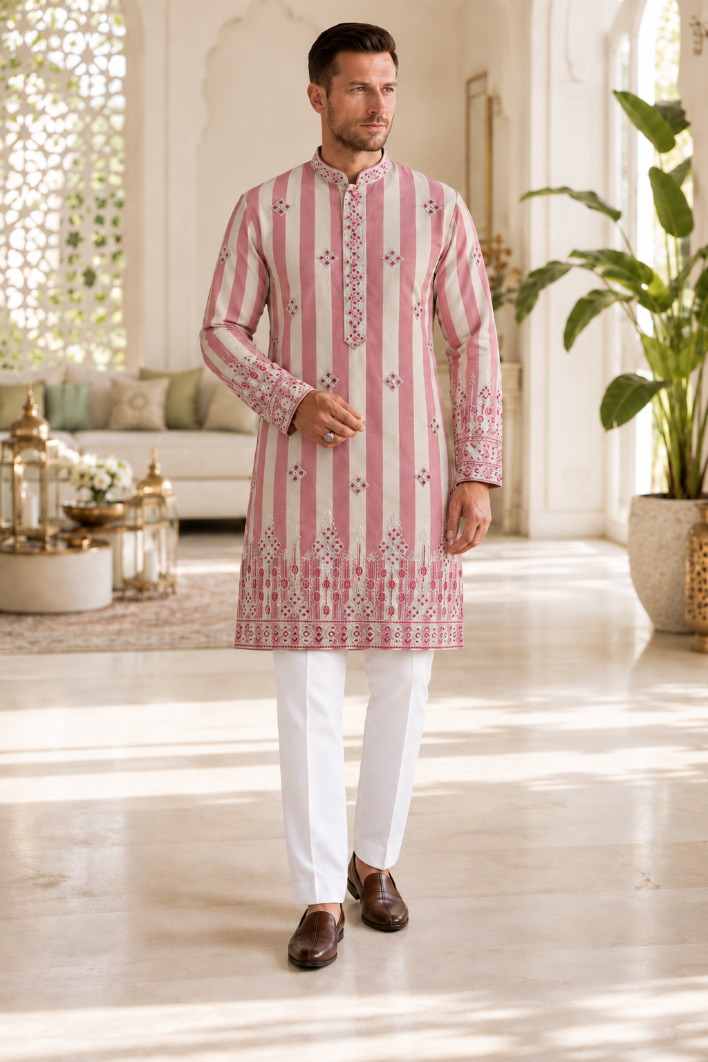 Men’s Dusty Rose Pink & Ivory Striped Embroidered Kurta Pajama Set | Wedding & Festive Indian Ethnic Wear, KP - 4038