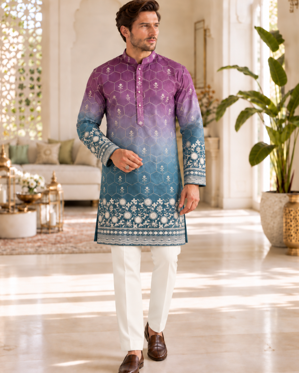 Men’s Purple to Teal Ombre Embroidered Kurta Pajama Set |Wedding & Festive Indian Ethnic Wear, KP - 4041