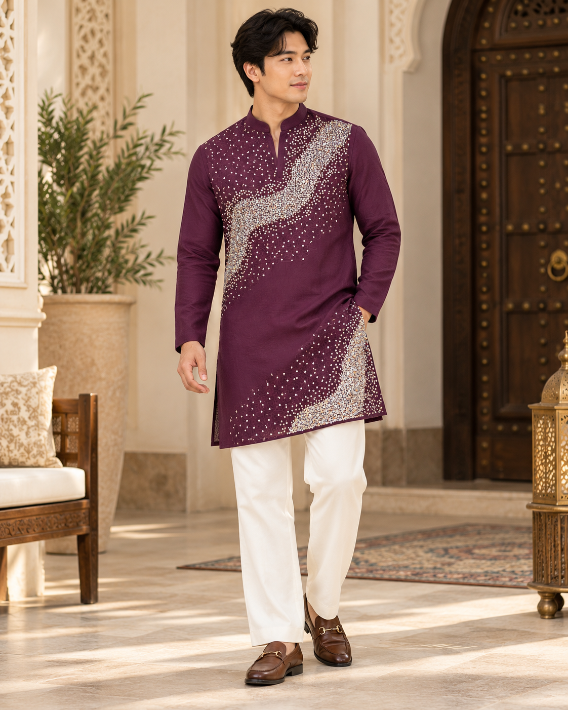 Men’s Wine Sequin Embellished Shorter Length Kurta with Parallel Pants | Indo-Western Wedding & Festive Kurta Pajama Set, KP - 4042