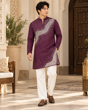 Men’s Wine Sequin Embellished Shorter Length Kurta with Parallel Pants | Indo-Western Wedding & Festive Kurta Pajama Set, KP - 4042