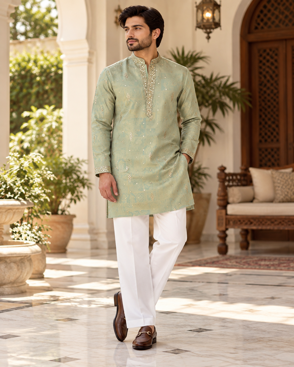 Men’s Mint Green Shorter Kurta with Parallel Pants | Gold Embellished Jacquard Kurta Pajama Set | Indo-Western Wedding & Festive Kurta Set, KP - 4043