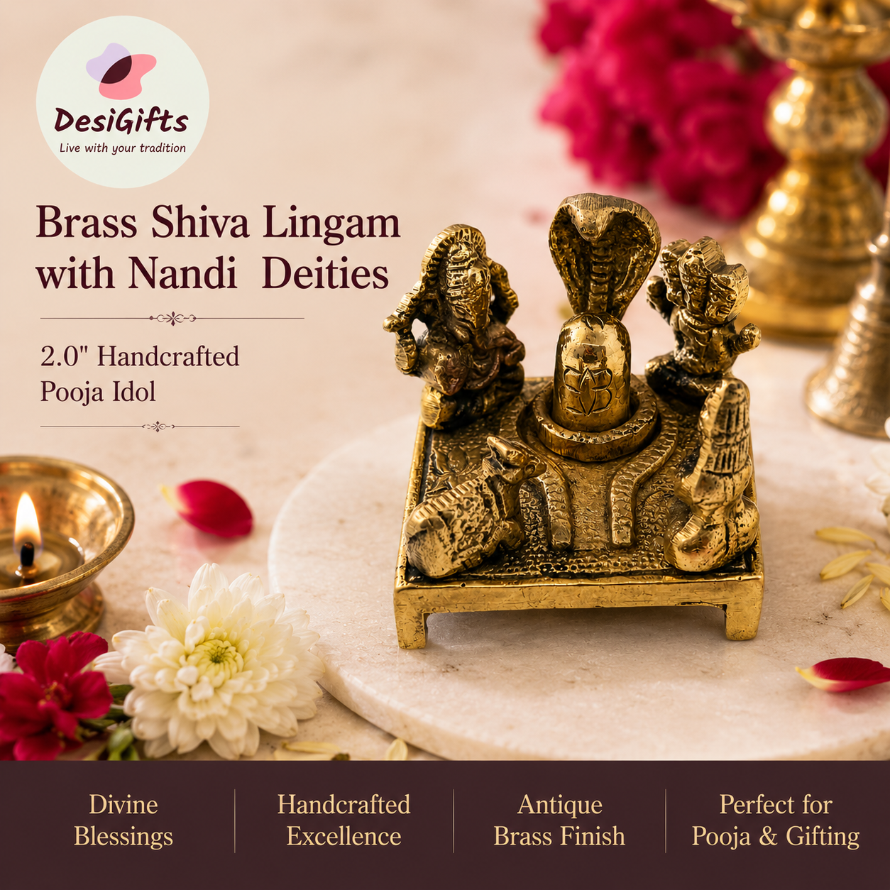 Brass Shiva Lingam with Nandi & Deities | 2.0" Handcrafted Pooja Idol | Traditional Shivling Murti for Home & Office: SPM - 3043