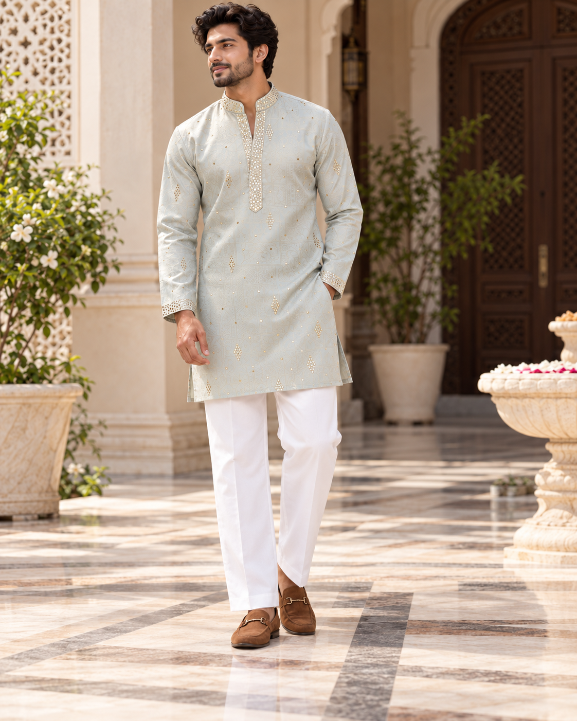 Men’s Ice Blue Shorter Kurta with Parallel Pants | Gold Embellished Jacquard Kurta Pajama Set | Indo-Western Wedding & Festive Kurta Set, KP - 4044