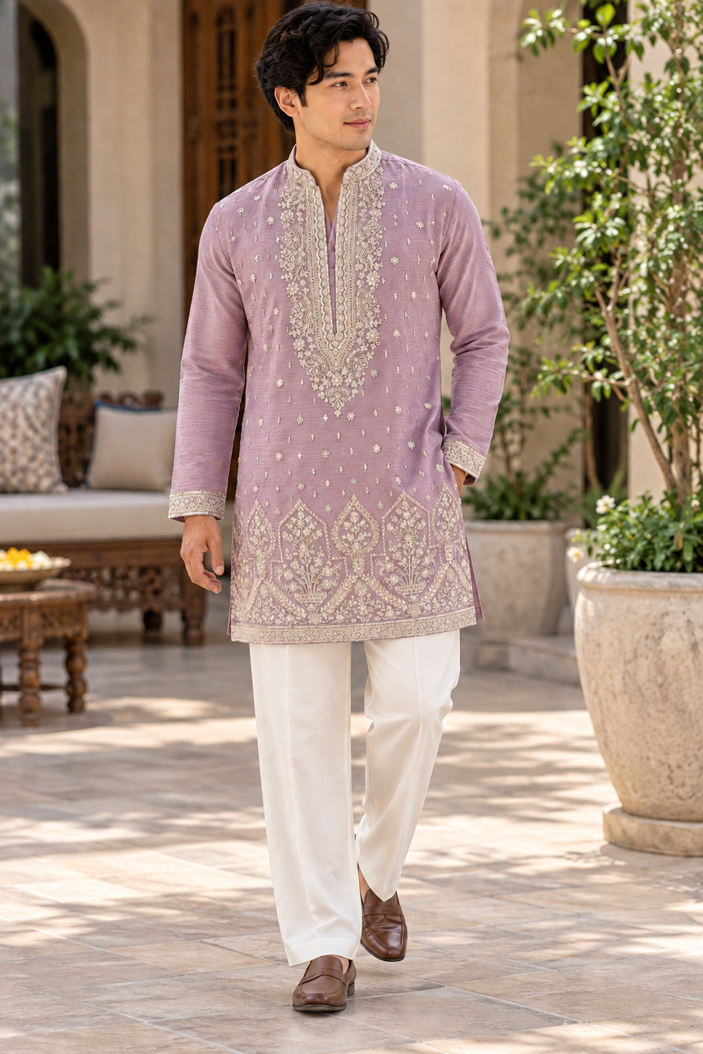 Men’s Pastel Purple Embroidered Kurta with with Parallel Pants | Textured Silk Blend Wedding Kurta Pajama Set | Festive Indian Ethnic Wear, KP - 4047