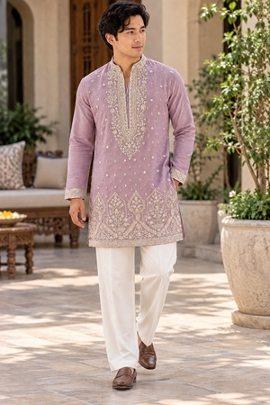 Men’s Pastel Purple Embroidered Kurta with with Parallel Pants | Textured Silk Blend Wedding Kurta Pajama Set | Festive Indian Ethnic Wear, KP - 4047